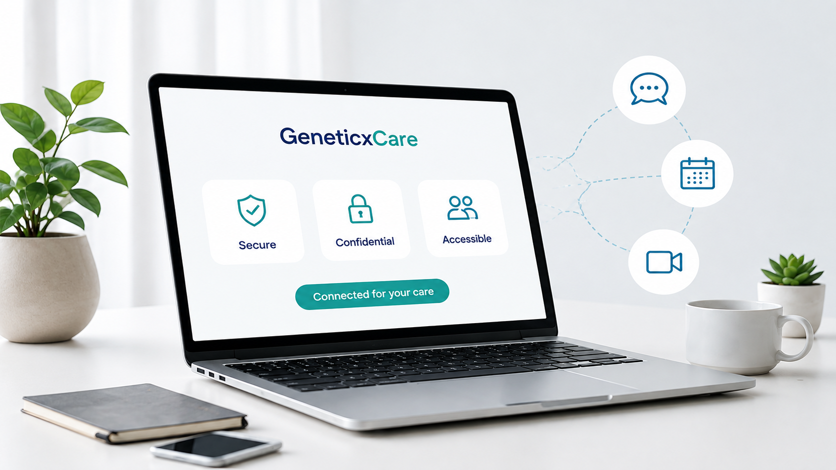 A laptop on a desk showing the GeneticxCare online consultation screen