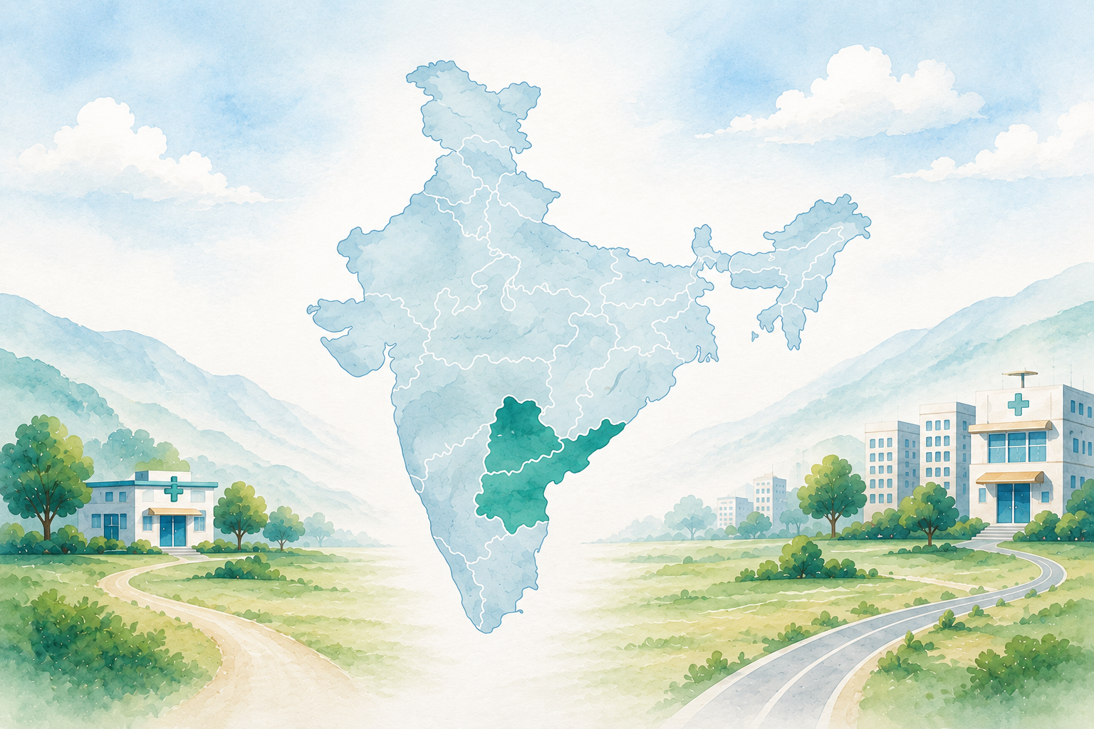 An illustrated map of India with Telangana and Andhra Pradesh highlighted, between rural and urban healthcare facilities