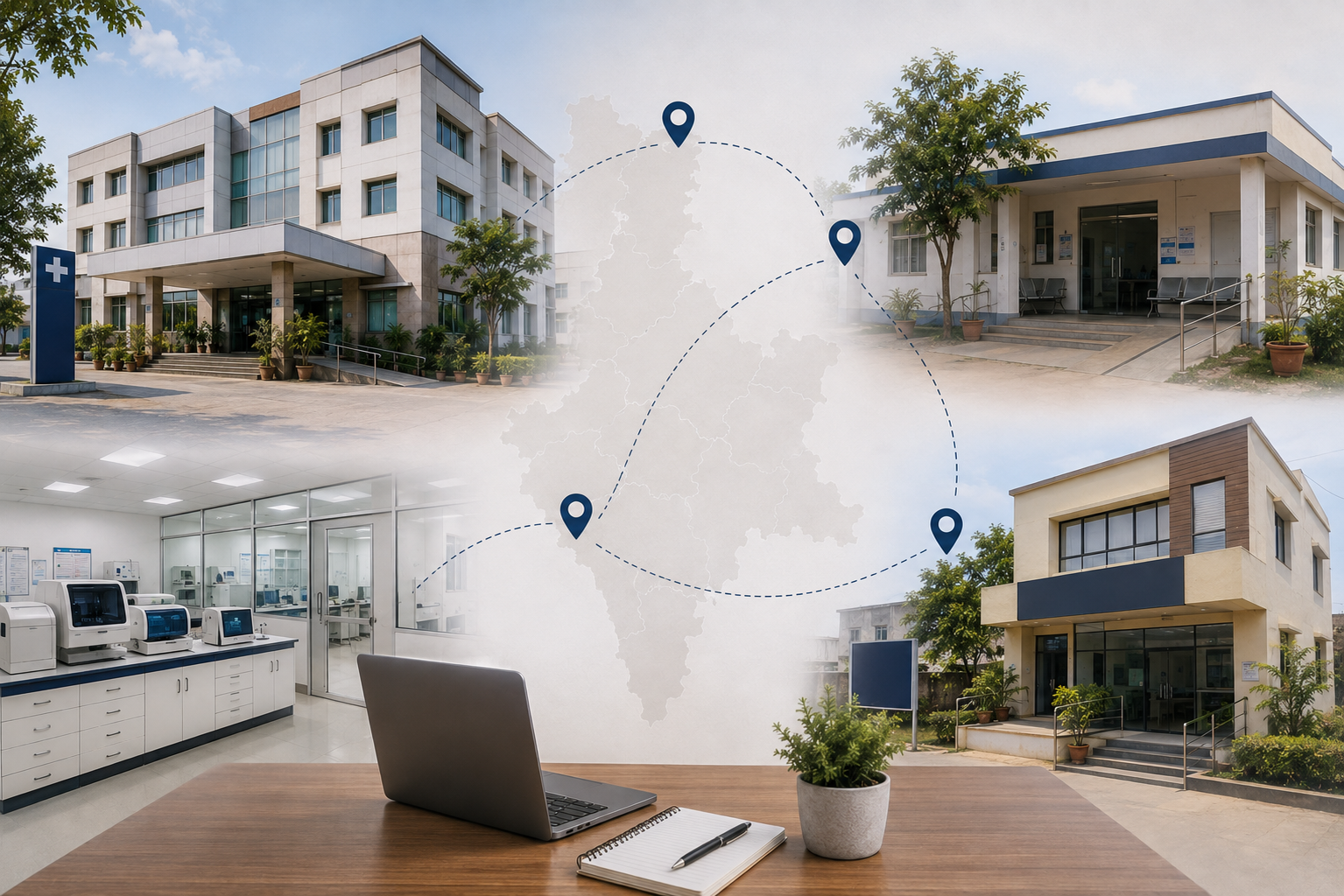 Participating hospitals and a diagnostic laboratory connected across a regional map